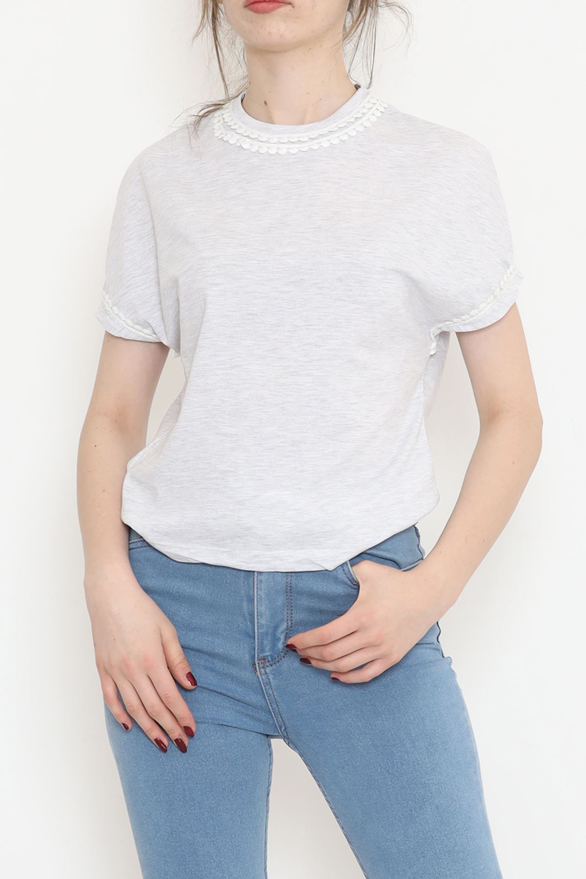 Collar Guipure Single Jersey T-Shirt Gray