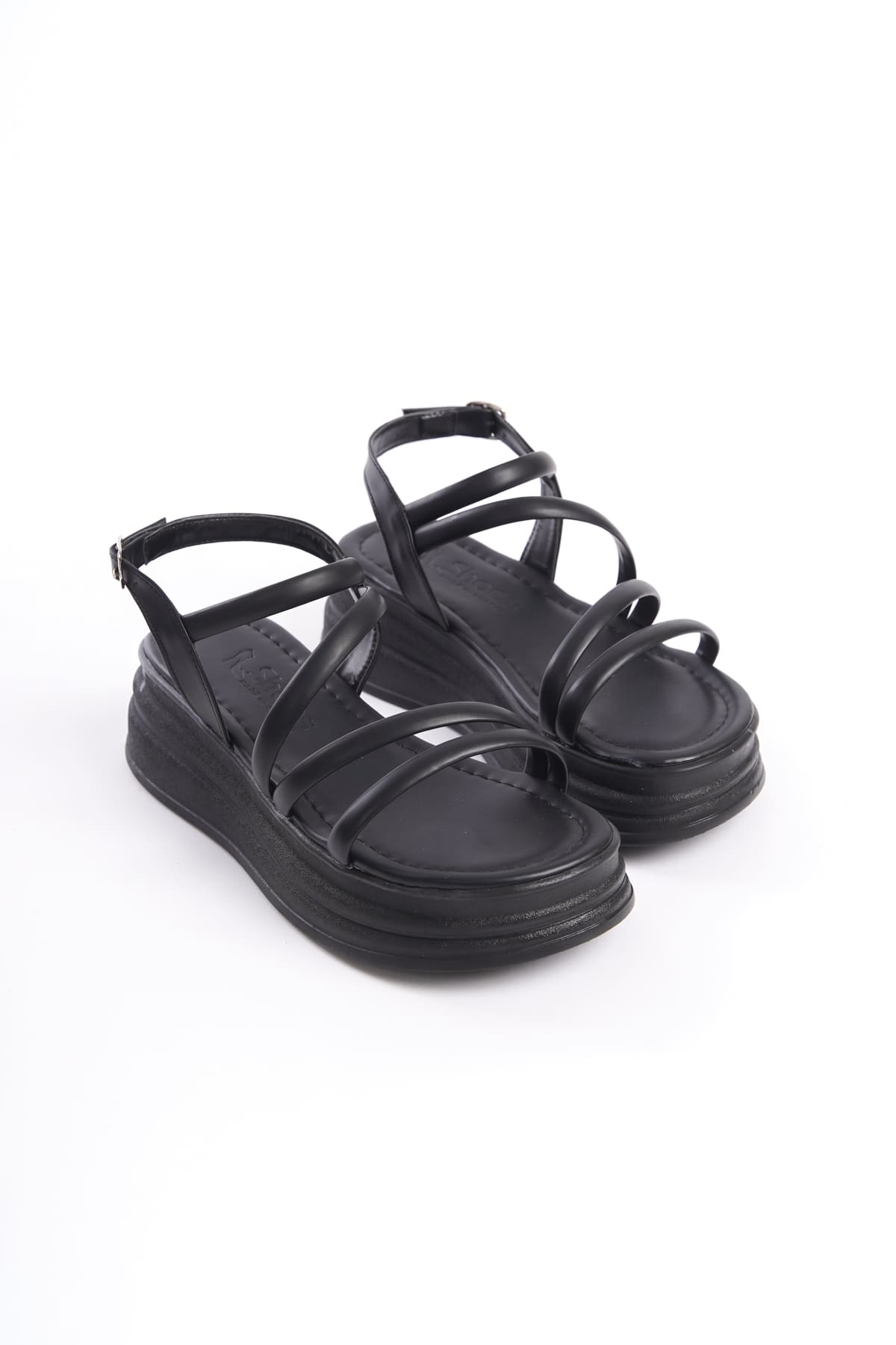 CLZ948 Women's Orthopedic Sole Sandals ST Black with Thin Buckle Stripe Detail