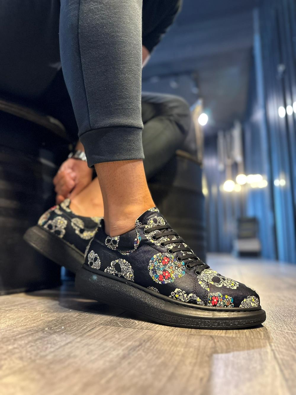 High Sole Colorful Printed Casual Shoes Black Skull