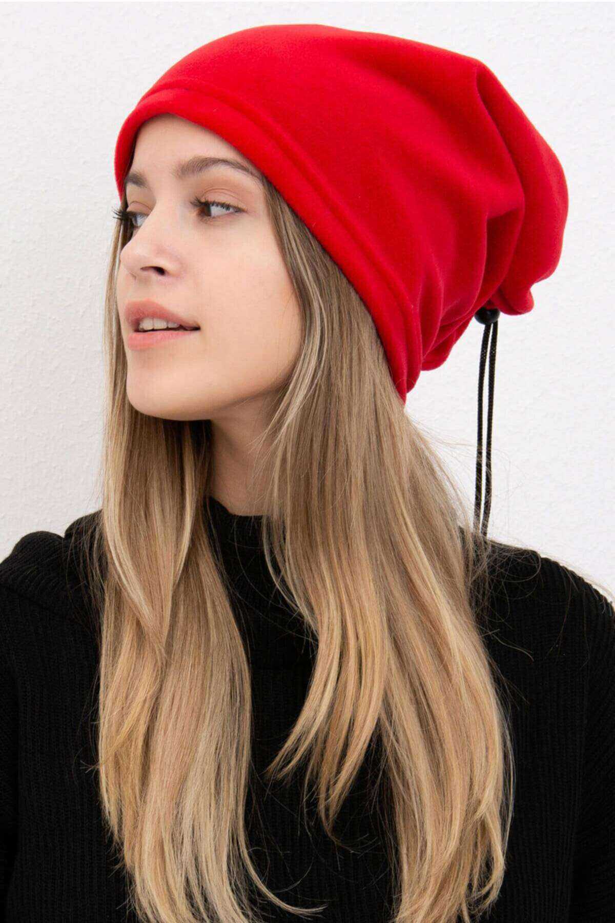 Fleece Unisex Drawstring Beanie and Neck Collar Red