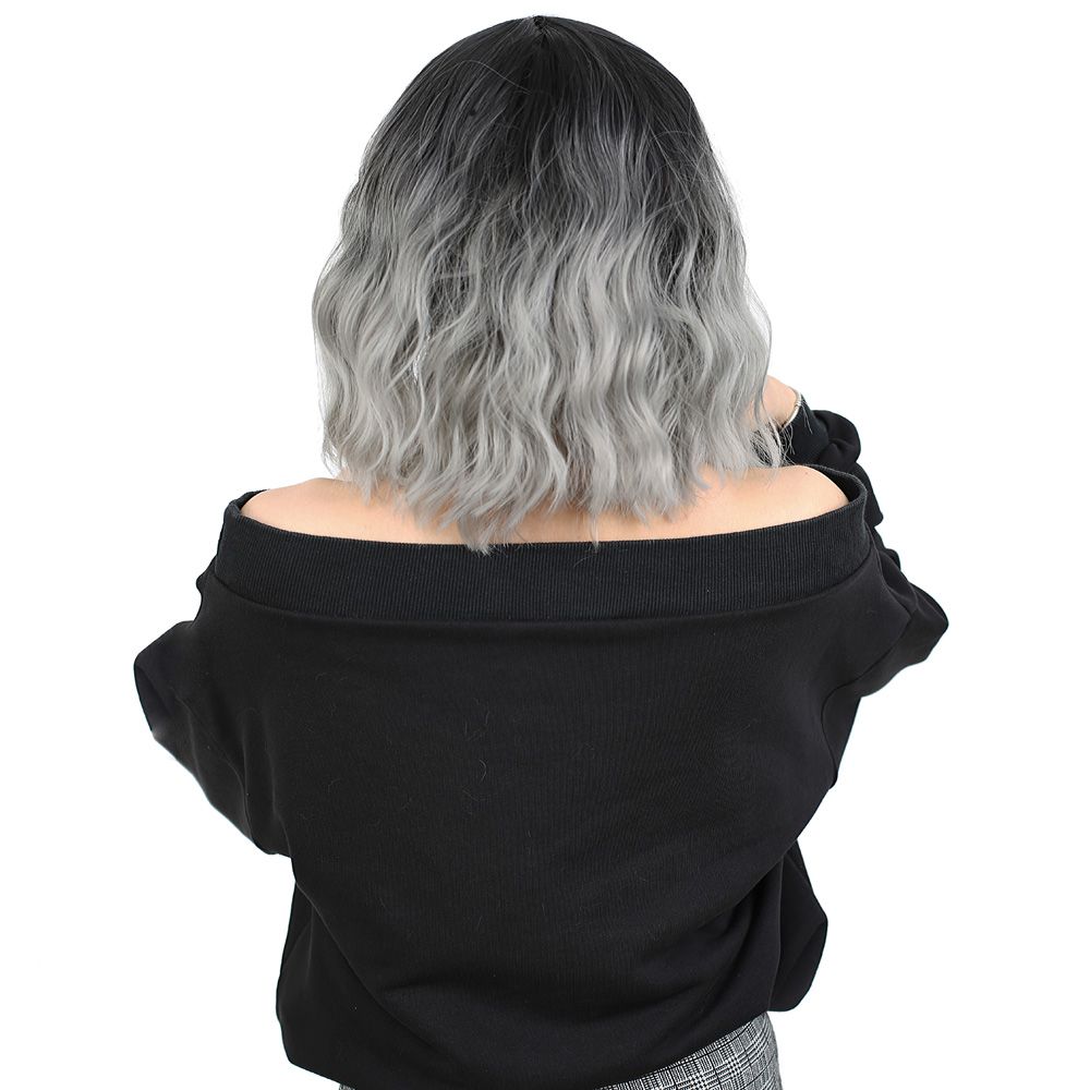 Kanekalon Fiber Synthetic Short Wavy Bangs Wig / Black / Gray Ombré