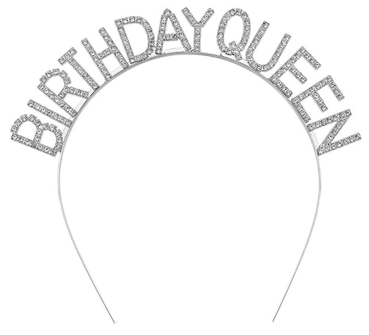 Silver Color Crystal Stones Shiny Birthday Queen Written Queen Crown 16x17 cm