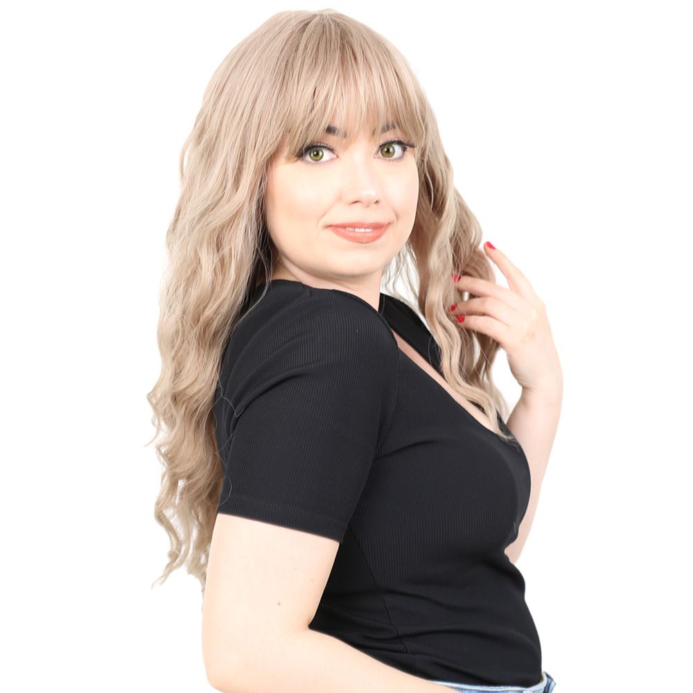 Long Water Wavy Look Kanekalon Fiber Synthetic Wig with Custom Bangs / Ashy Baby Yellow