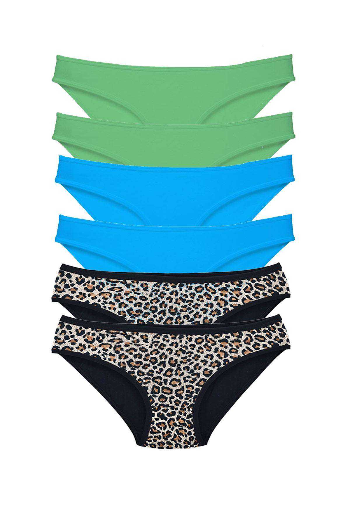 6 Pcs Lycra Women Slip Panties Leopard Green Blue