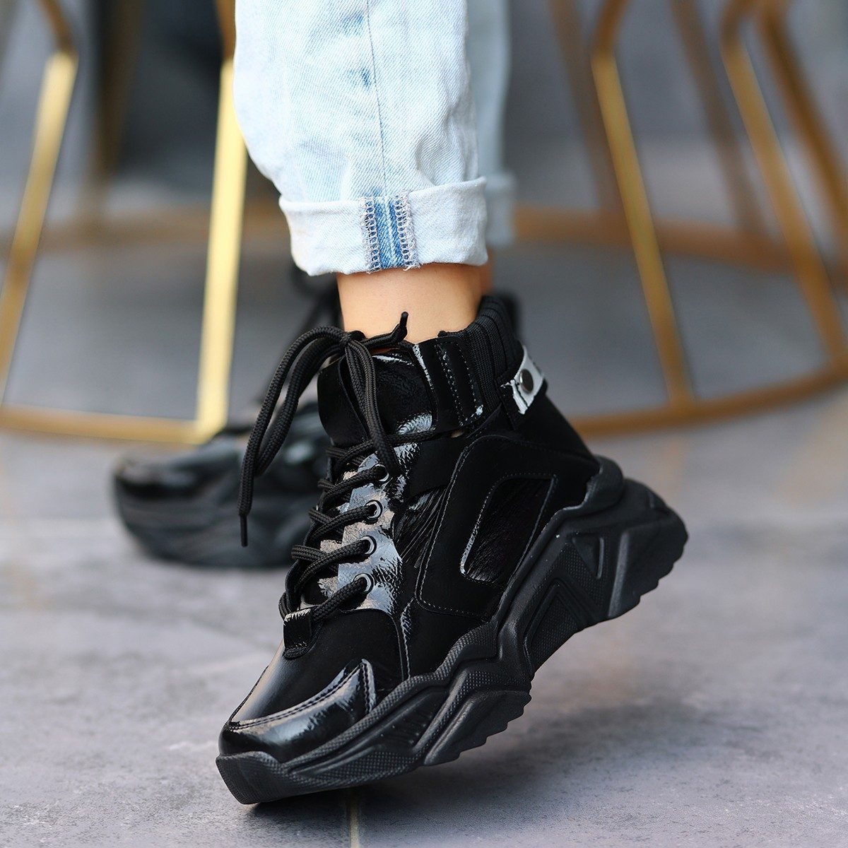 Black Skin Lace-up Boots