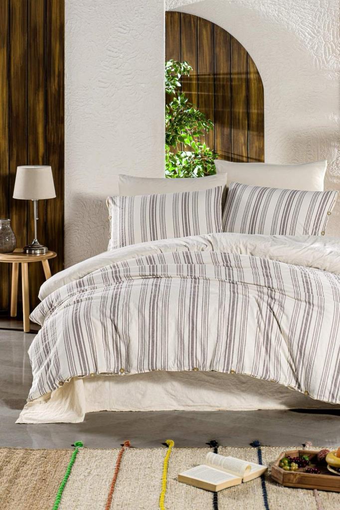 Organic Double Duvet Cover Set Line Navi Coffee