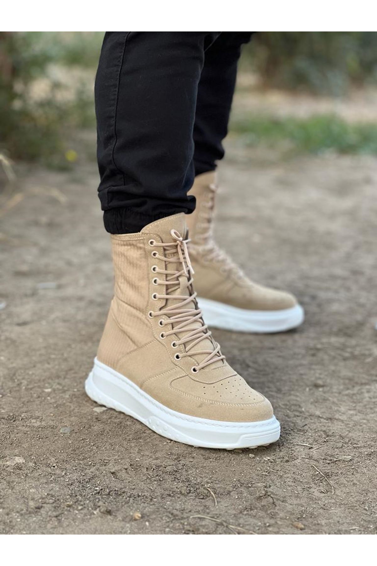 Beige Suede Long Lace-up Boots