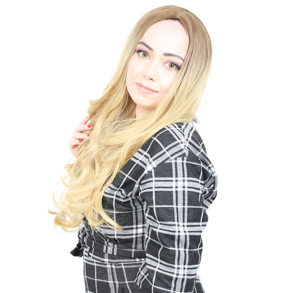 Super Dense Wavy Kanekalon Fiber Synthetic Long Bangs Wig / Auburn / Yellow Ombré