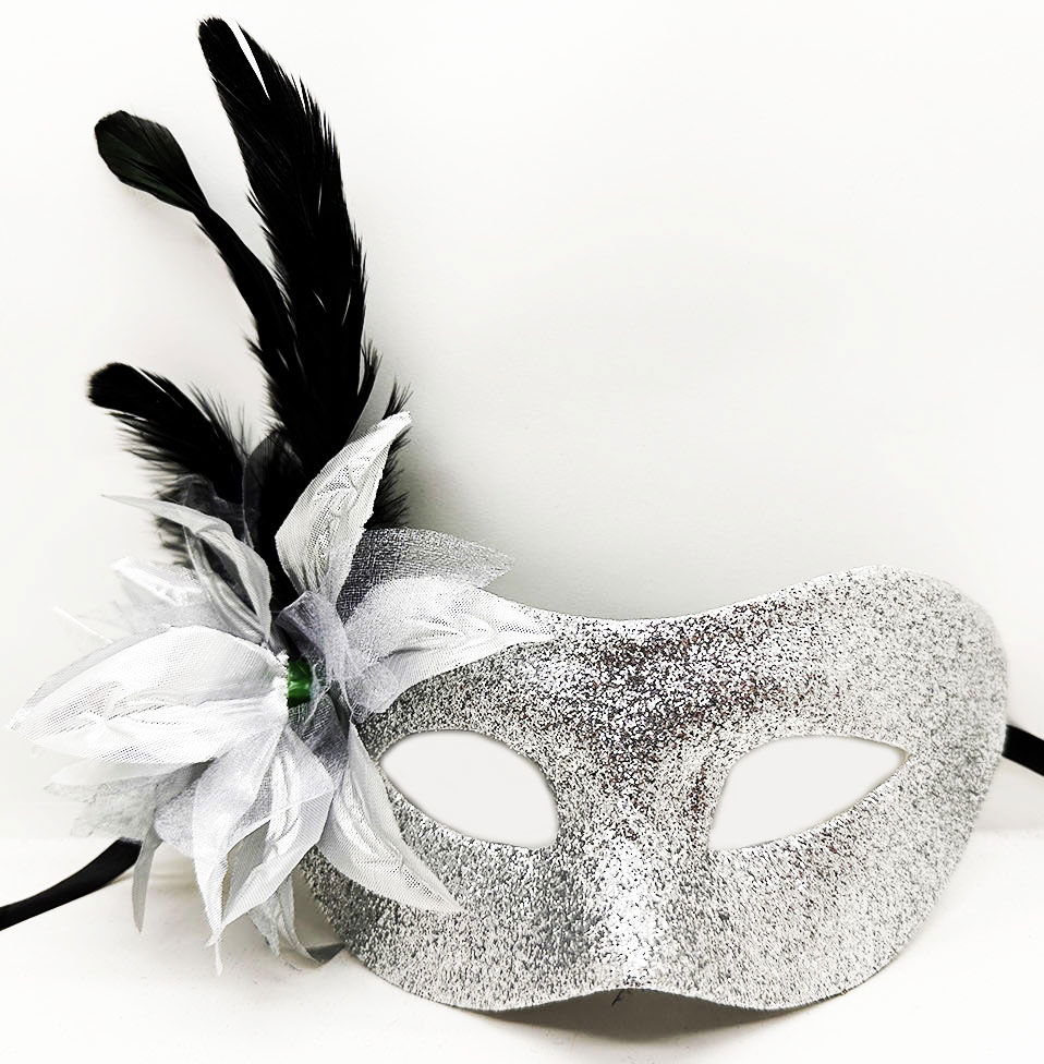 Silver Color Metallized Glitter Look Shiny Feather Party Mask 22x19 cm