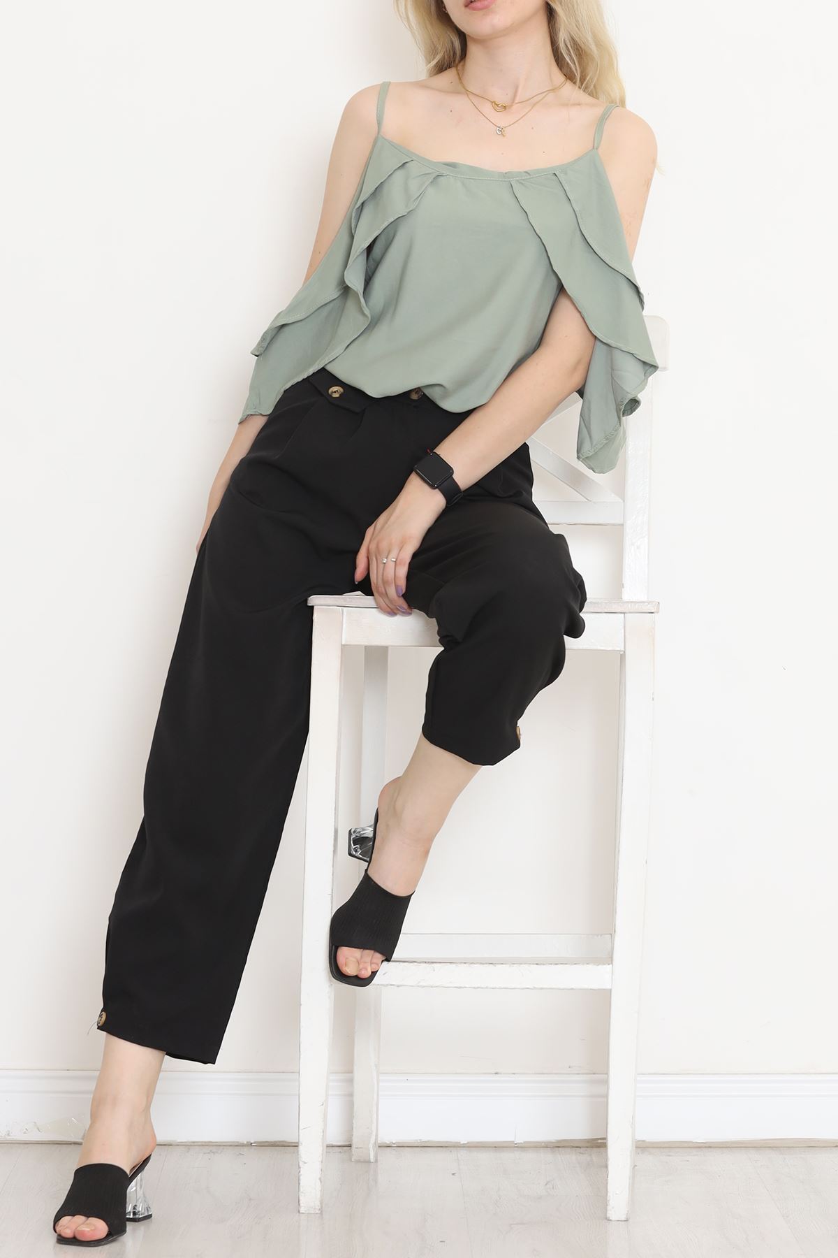 Trousers with Button Details Black