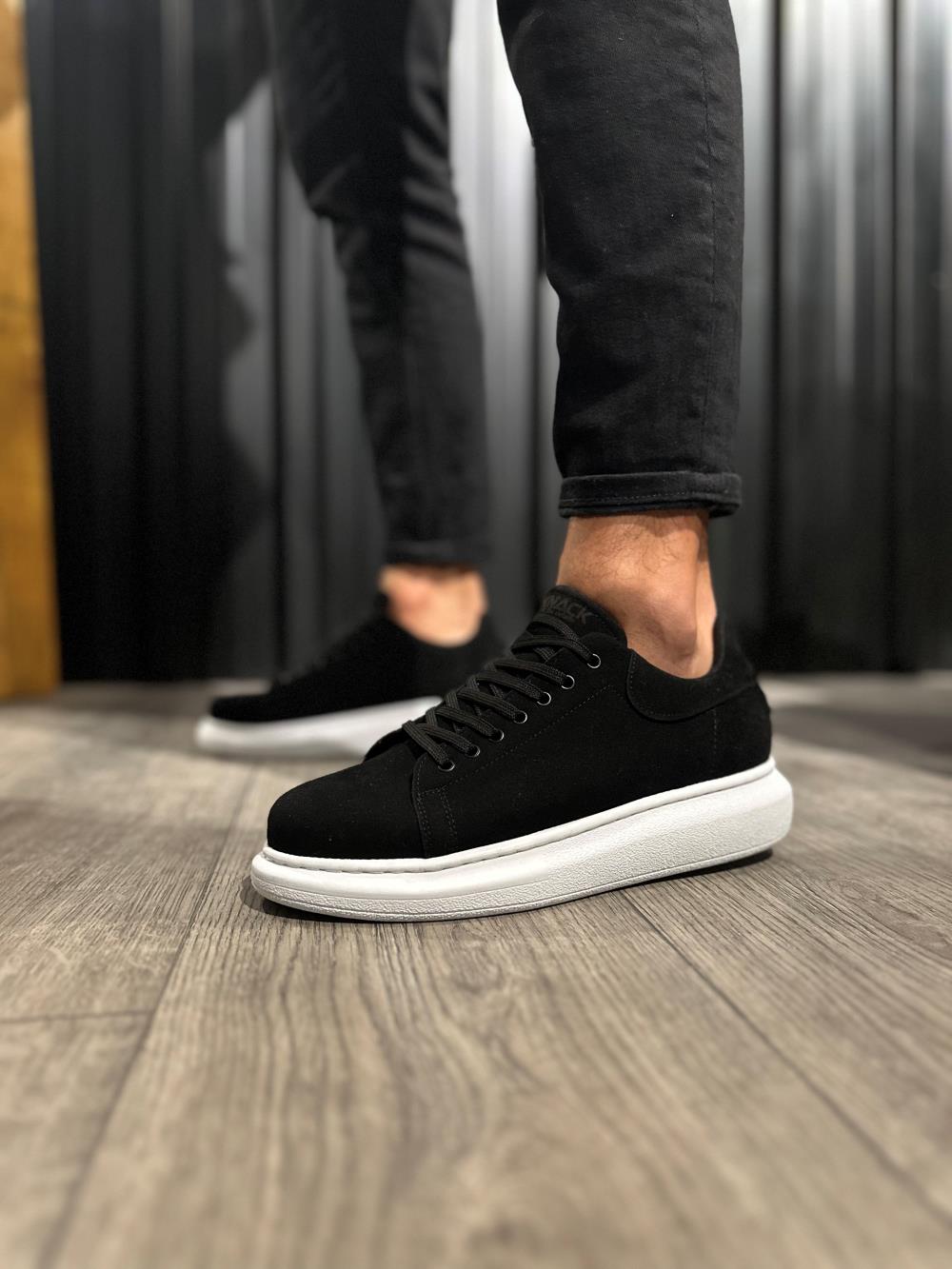 High Sole Casual Shoes Black Suede (White Sole)