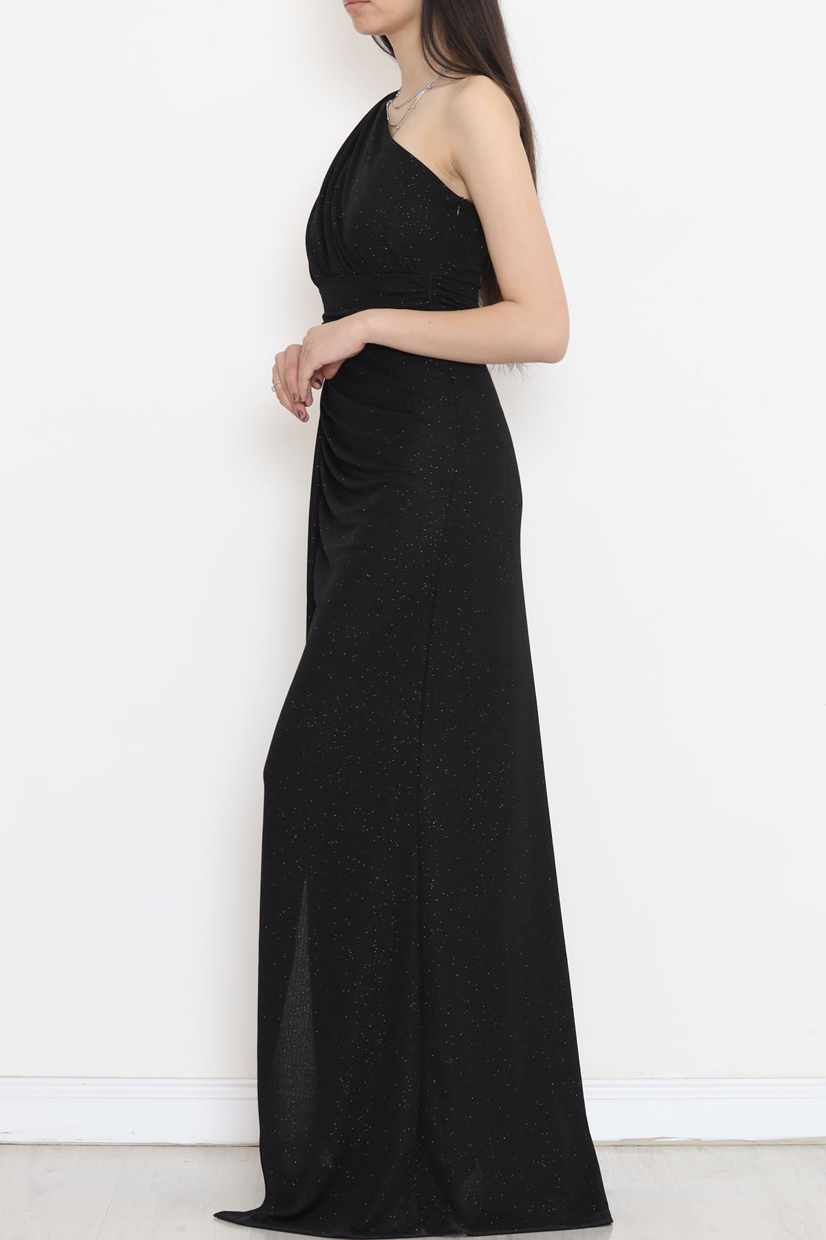 Silvery Crepe Draped Evening Dress Black