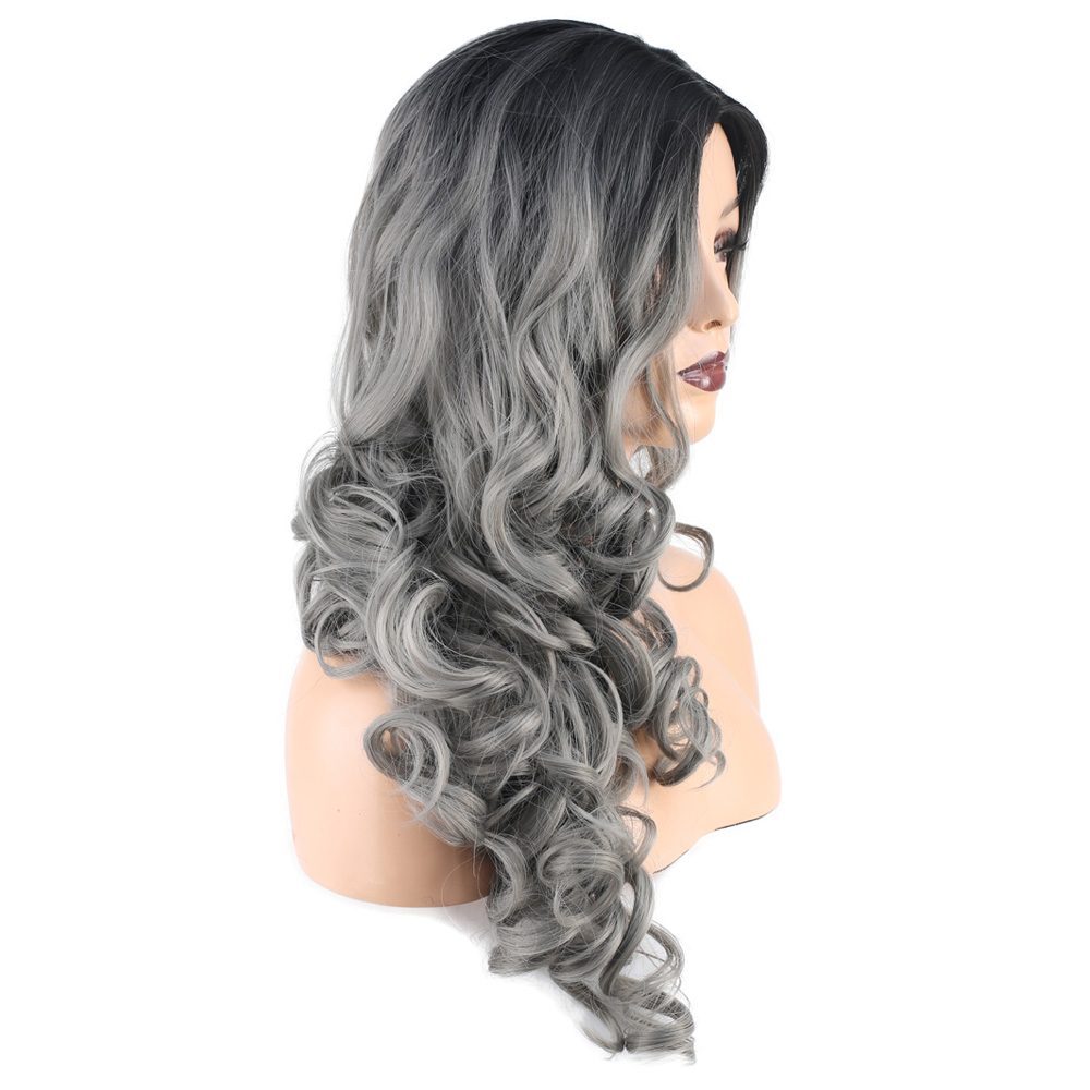 Long Kanekalon Fiber Synthetic Wig with Wavy Bangs / Black / Gray Ombré