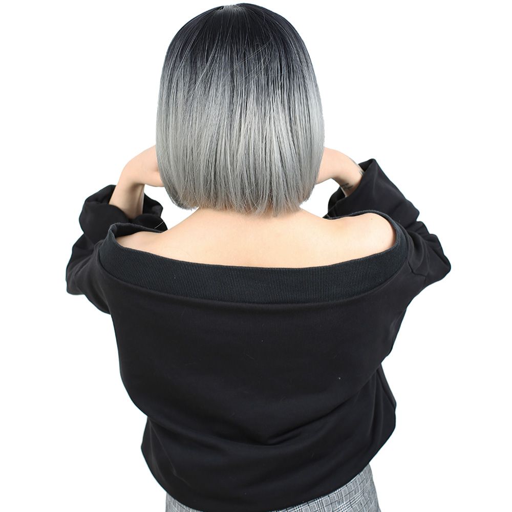 Straight Short Kanekalon Fiber Synthetic Wig without bangs / Black / Gray Ombré