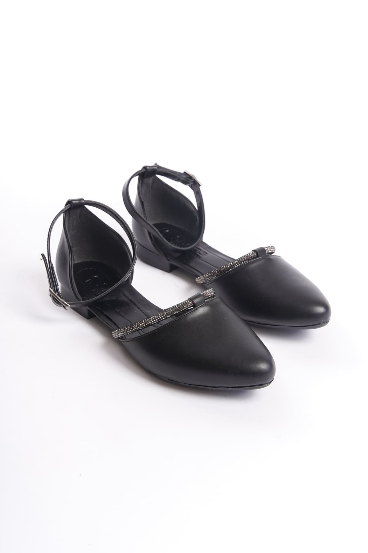 CLZ948 Buckle Orthopedic Comfortable Sole Stone Detailed Women's Babet Shoes ST Black