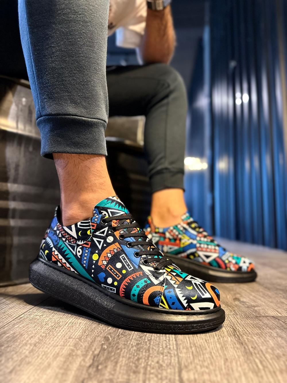 High Sole Colorful Printed Casual Shoes Black (Black Sole)