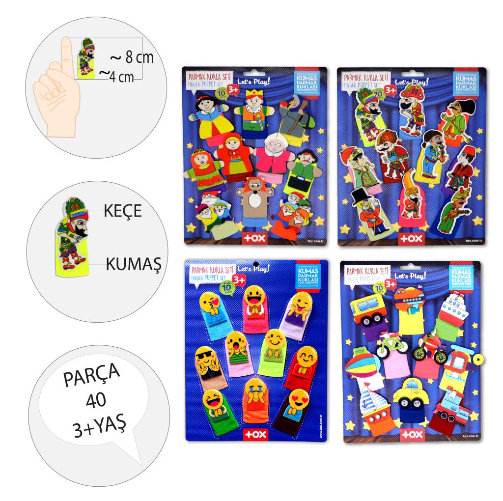 4 Set - 40 Pieces Fairy Tale Heroes, Emojis, Karagöz Hacivat and Vehicles Finger Puppet