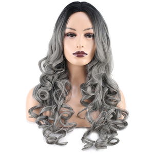 Long Kanekalon Fiber Synthetic Wig with Wavy Bangs / Black / Gray Ombré