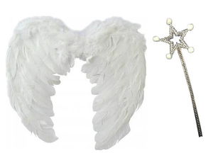 White Color Medium Size Kids Angel Wing 35x50 cm and White Pompom Wand