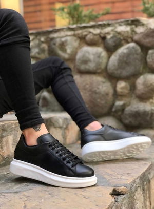 Thick High Sole Black White Lace-Up Sneakers For Men