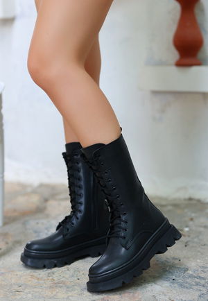 Black Skin Lace-Up Boots