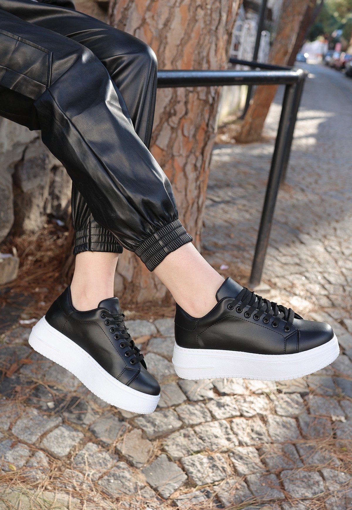 Black Skin White Sole Lace-Up Sneakers