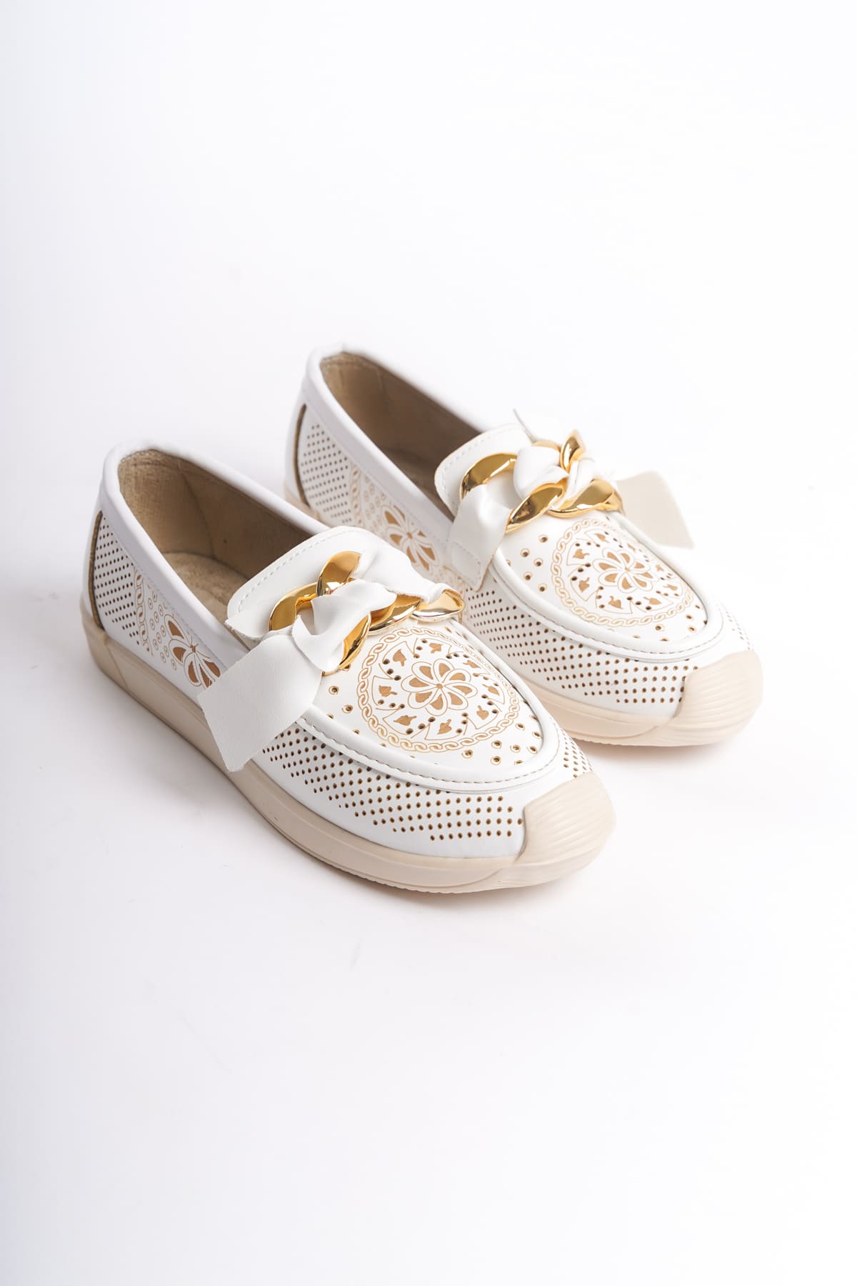 CLZ948 Lace-Up Orthopedic Comfortable Sole Floral Patterned Babet Shoes KT White