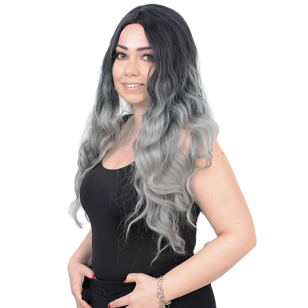 Kanekalon Fiber Synthetic Wig / Black / Gray Ombré with Water Wavy Look Long Bangs