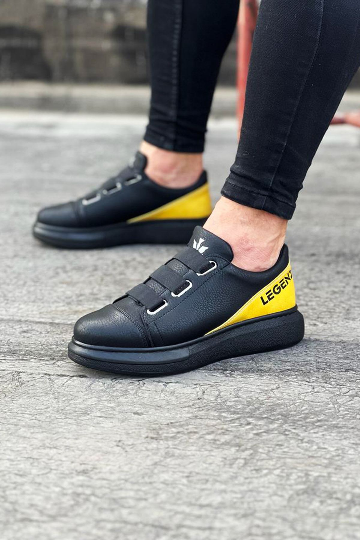 3 Band Legend Charcoal Yellow Thick Sole Casual Men's Shoes