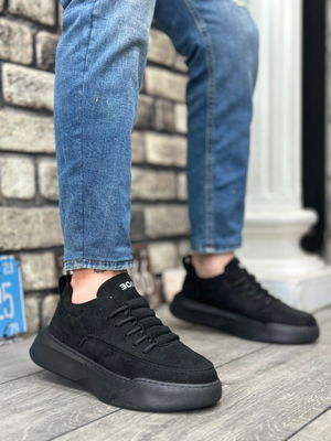 Ladder Pattern Lace-up Men's High-top Black Suede Black Sole Sneakers