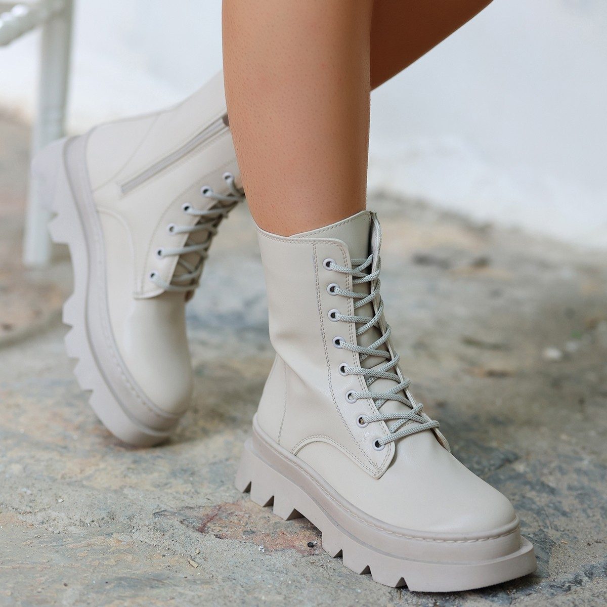 Beige Skin Lace-up Boots