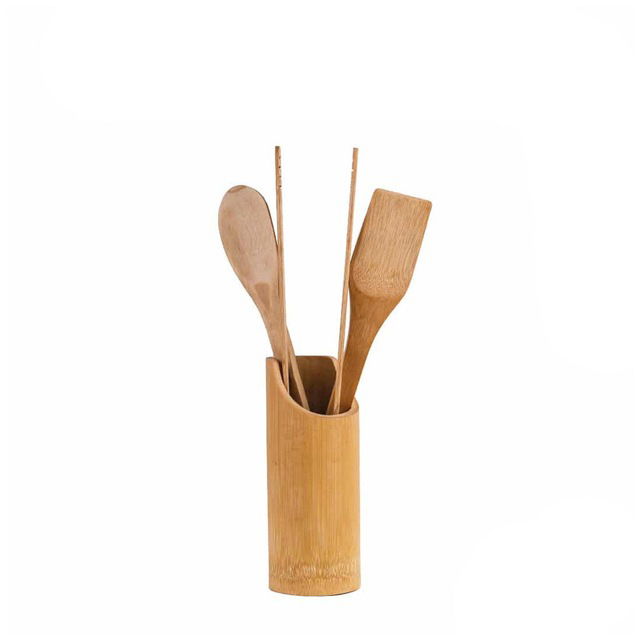 Bamboo Spoon Set with Stand 4 Piece - Tongs - Spoon - Spatula