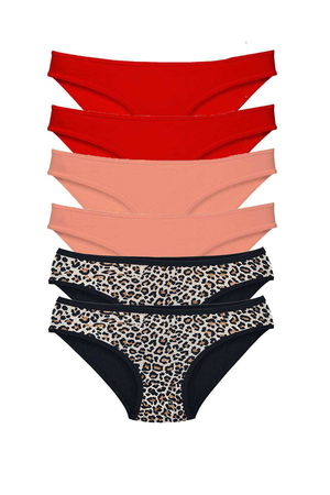 6 Pcs Lycra Women Slip Panties Leopard Red Powder