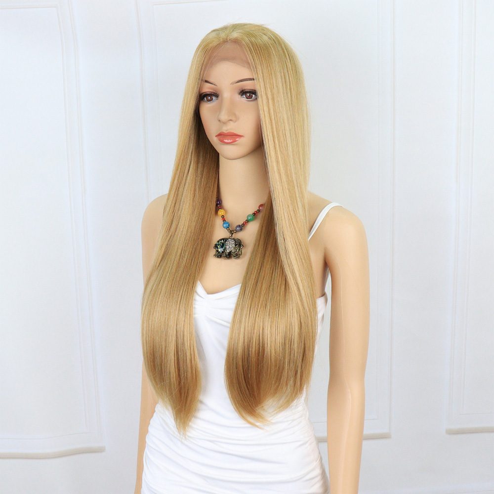 Straight Kanekalon Fiber Synthetic Tulle Wig / Caramel / Platinum Highlights