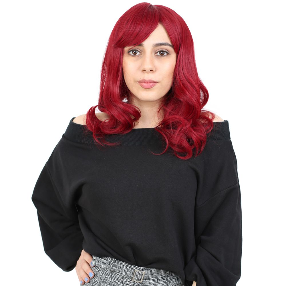 Medium Length Kanekalon Fiber Synthetic Wig with Wavy Custom Bangs / Red