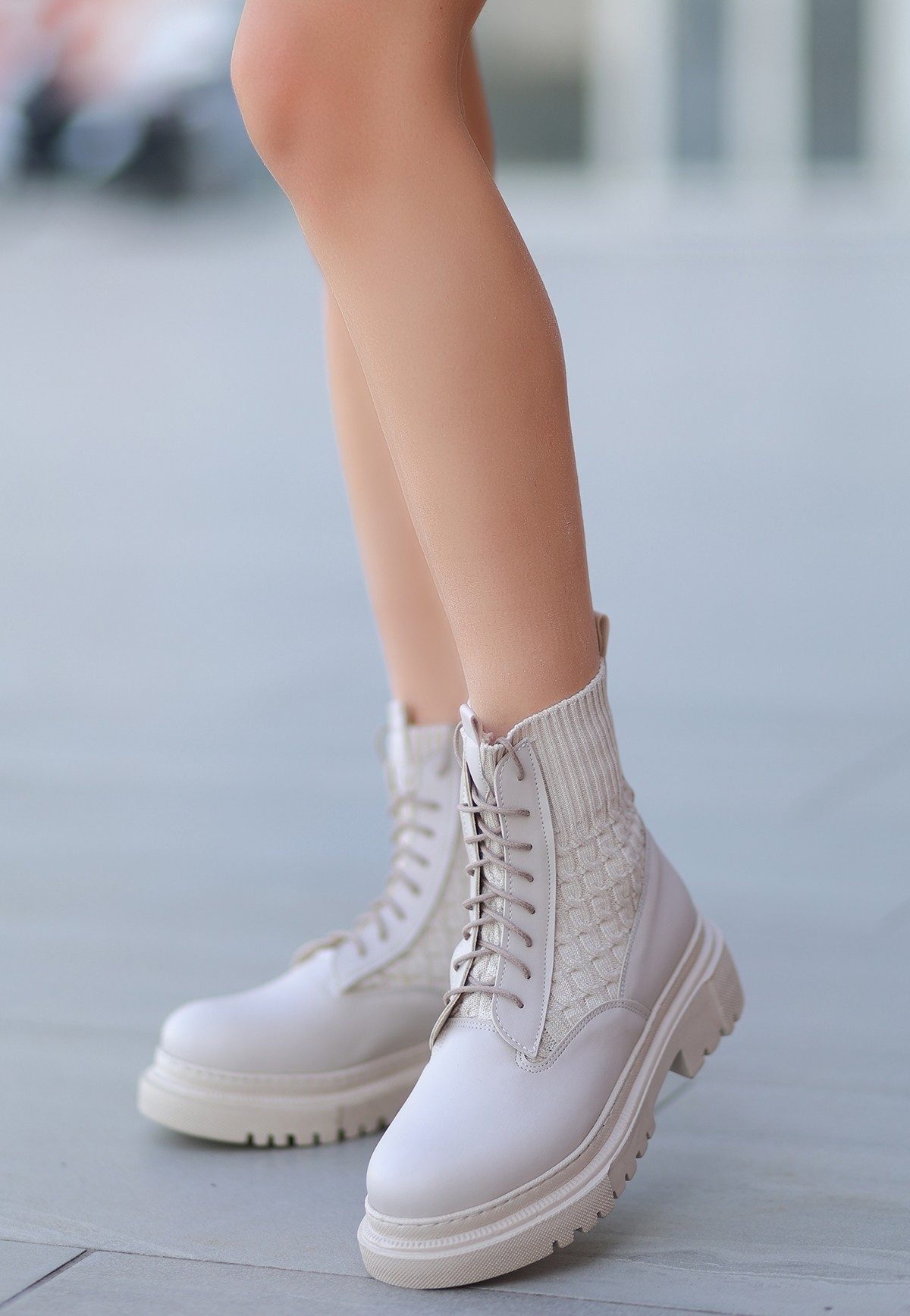 Beige Skin Lace-up Boots