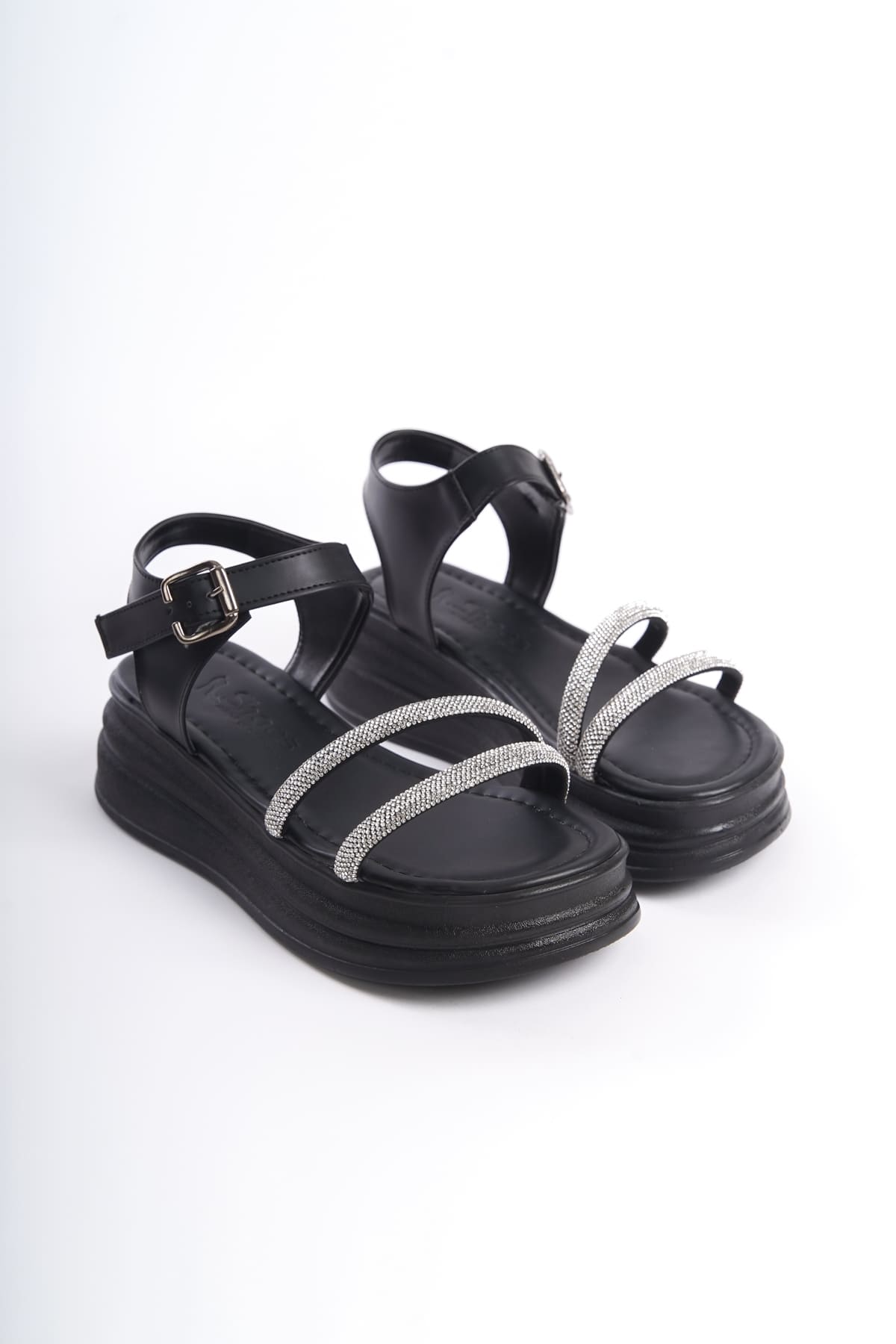 CLZ948 Thick Buckle Stone Stripe Orthopedic Sole Women's Sandals ST Black