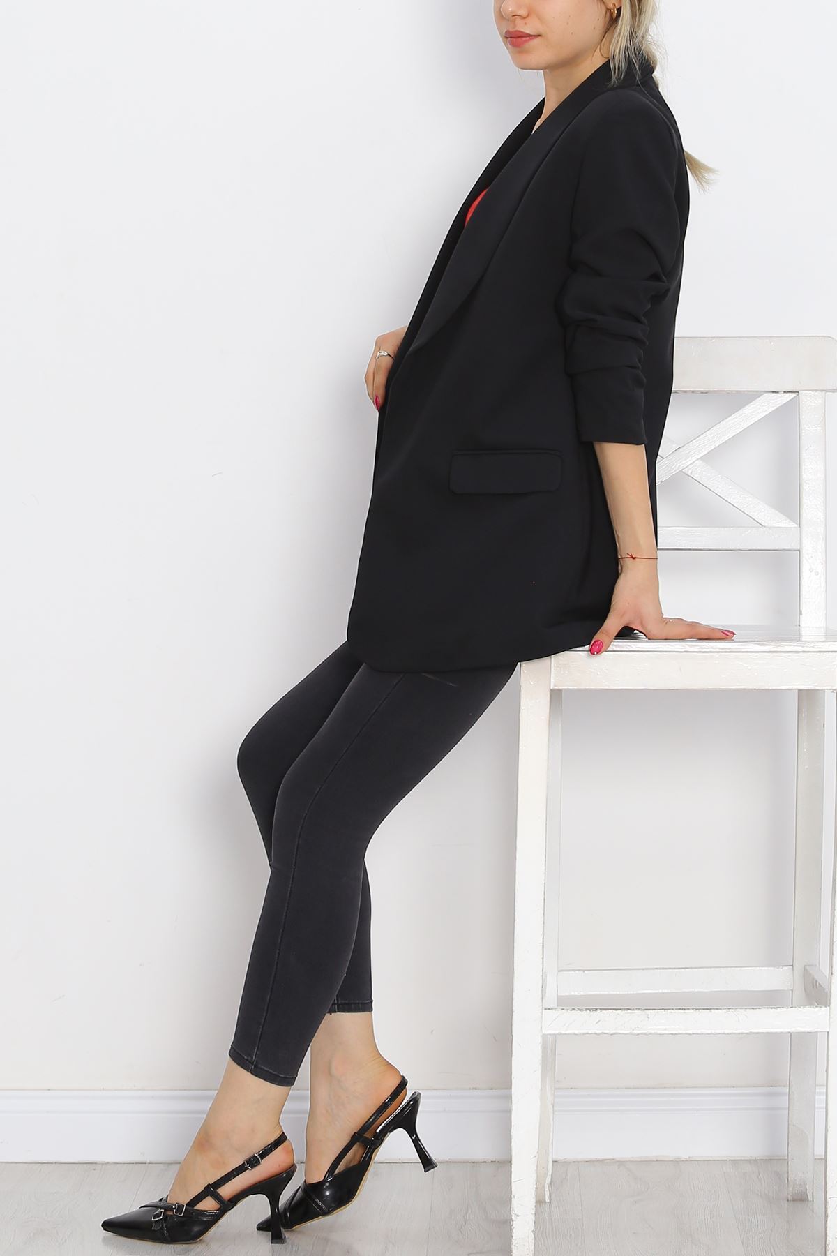 Sleeve Shirred Blazer Jacket Black