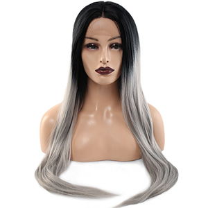 Kanekalon Fiber Synthetic Straight Long Tulle Wig / Black Gray Ombré