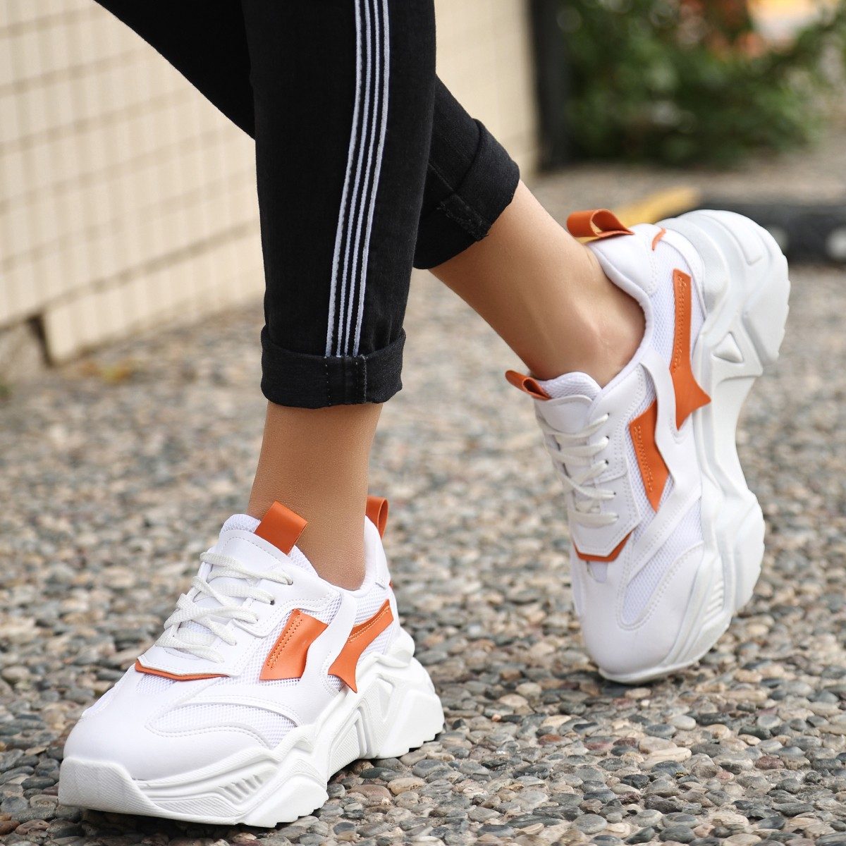 White Skin Orange Lace-Up Sneakers