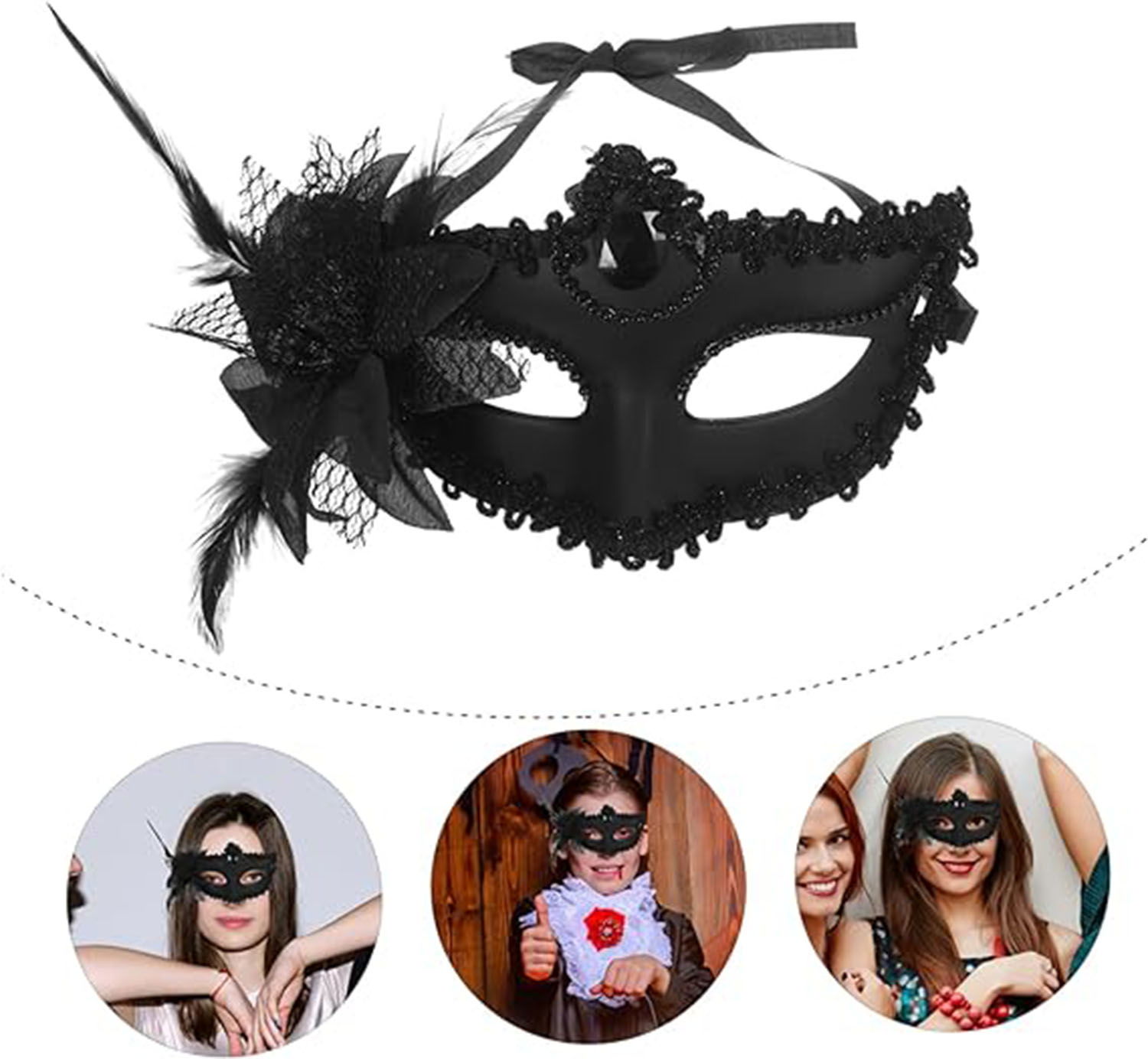 Black Matte Color Side Feather Party Prom Venetian Mask with Roses 16x22