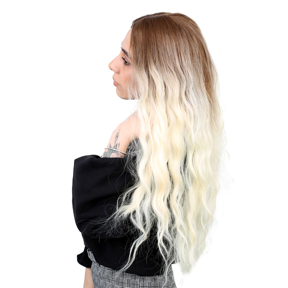 Kanekalon Fiber Synthetic Long Water Wavy Look Wig / Auburn / Platinum Ombré