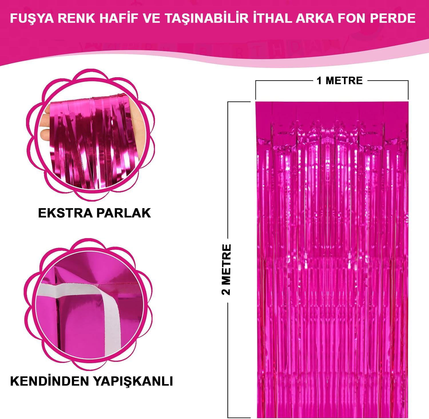 Fuchsia Color Extra Metalized Shiny Fringed Backdrop Curtain Imported A Quality 1x2 Meters