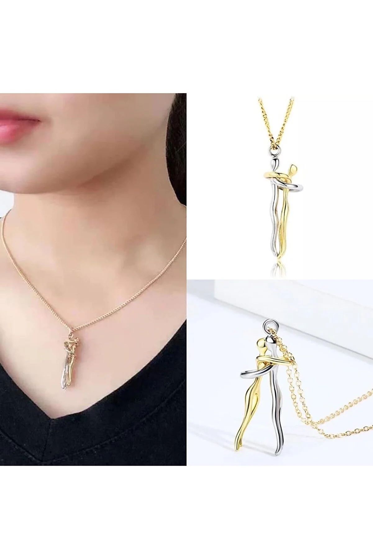 Hugging Lovers Pendant Double Color Thin Chain Design Necklace 40 cm