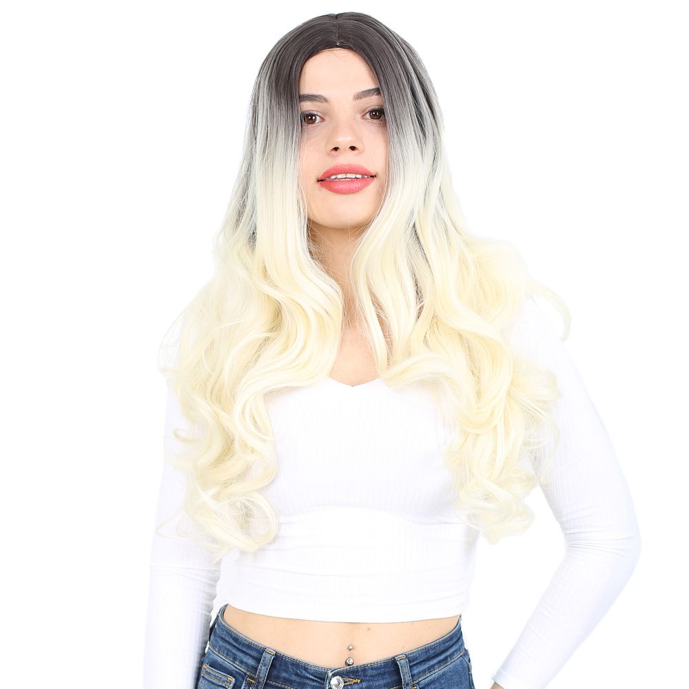 Super Dense Wavy Kanekalon Fiber Synthetic Long Bangs Wig / Ashy Black / Platinum Ombré