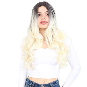 Super Dense Wavy Kanekalon Fiber Synthetic Long Bangs Wig / Ashy Black / Platinum Ombré