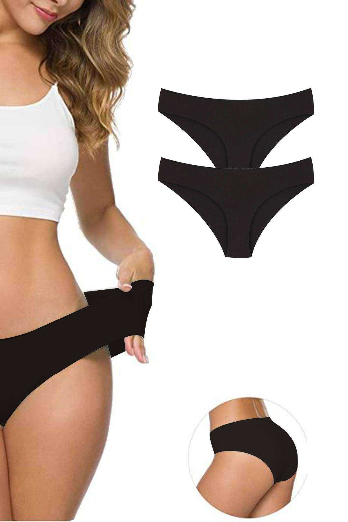 2Pcs Women's Seamless Laser Cut Stretchy Non-marking Panties Black