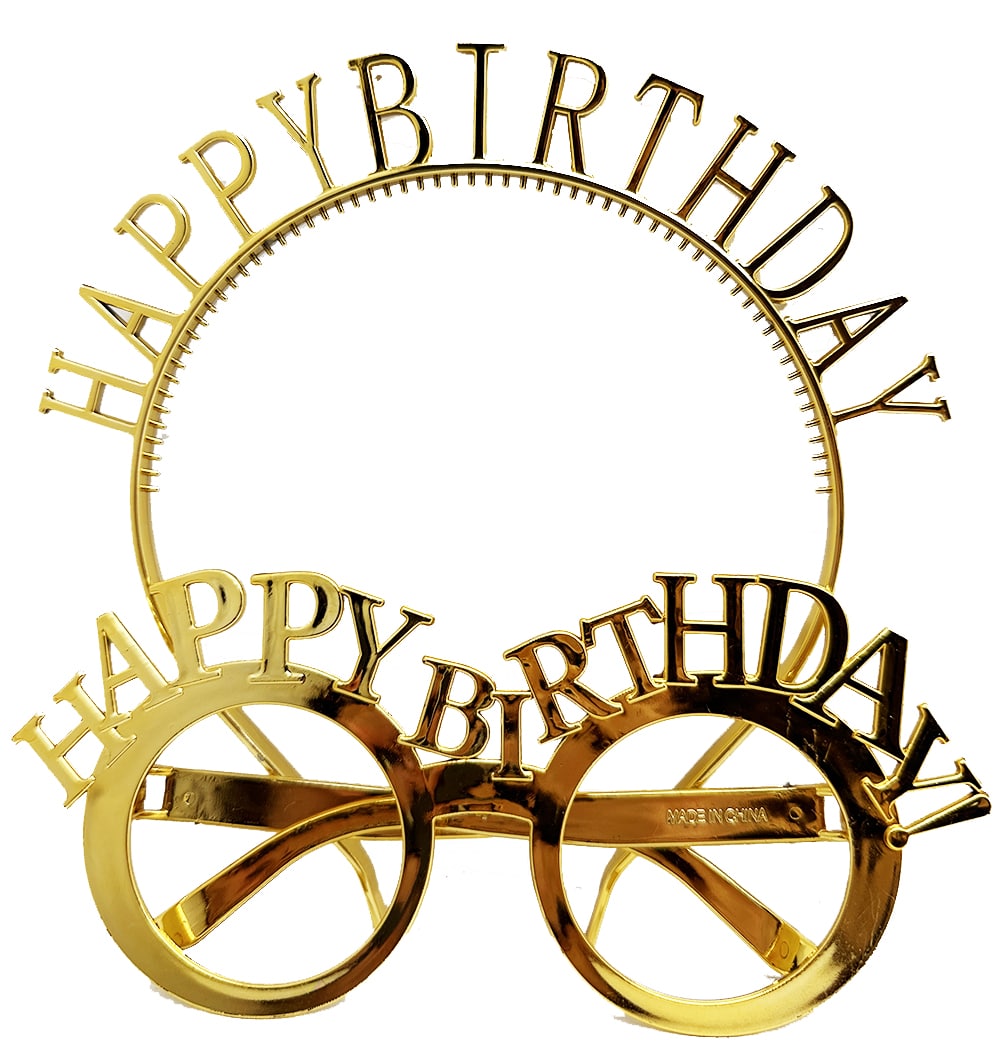 Happy Birthday Written Crown and Happy Birthday Written Glasses Set Gold Color