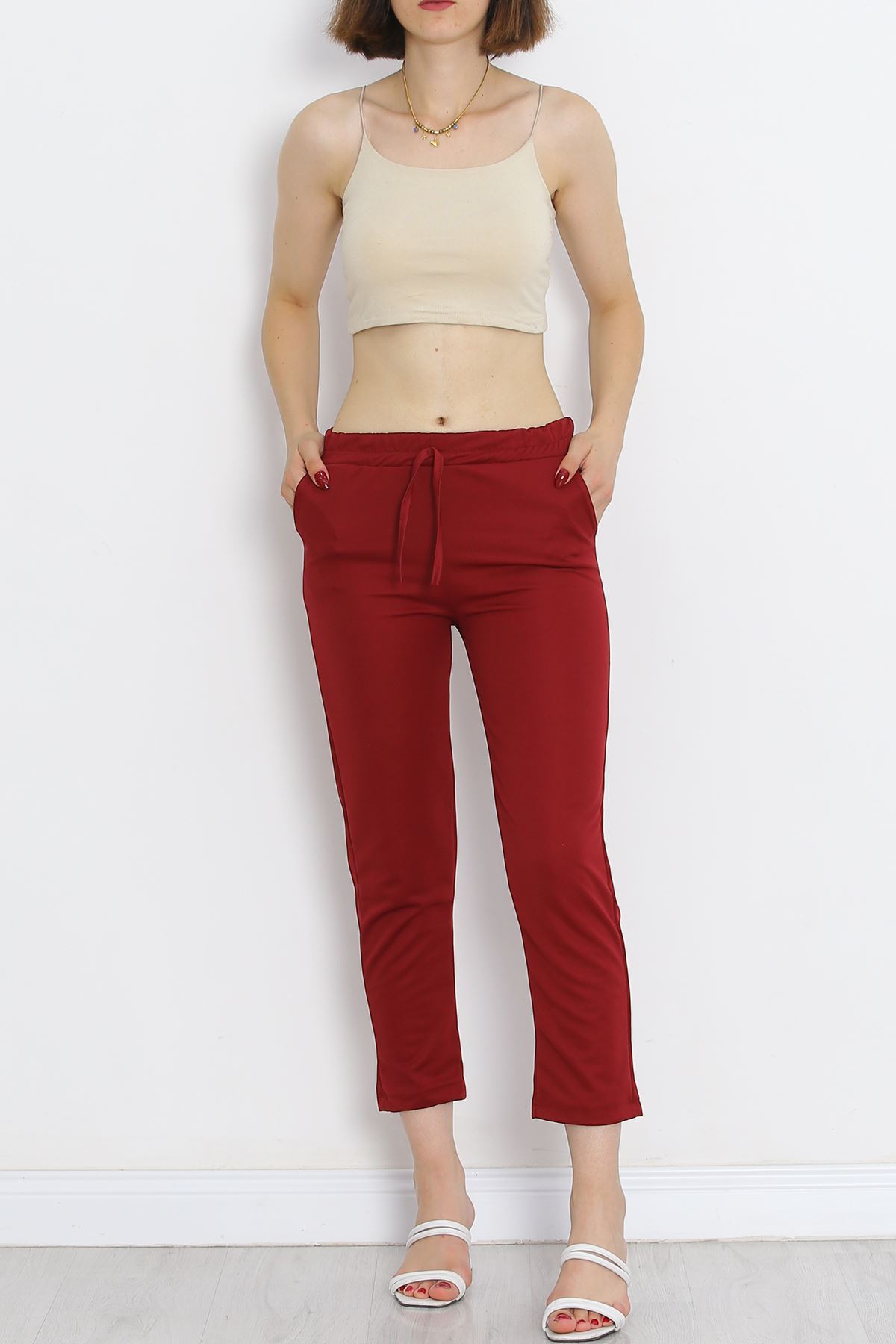 Crepe Lace-up Detailed Trousers Burgundy