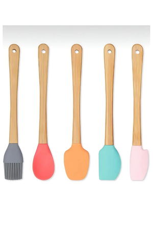 5-Piece Colorful Wooden Handle Silicone Tipped Spatula Spoon Set with Brush -Dish Prep Set 21 Cm